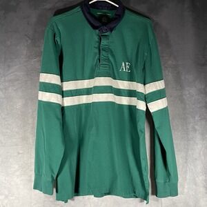 American Eagle Green Rugby Polo Shirt White Stripes Sz L Sportswear Embroidered